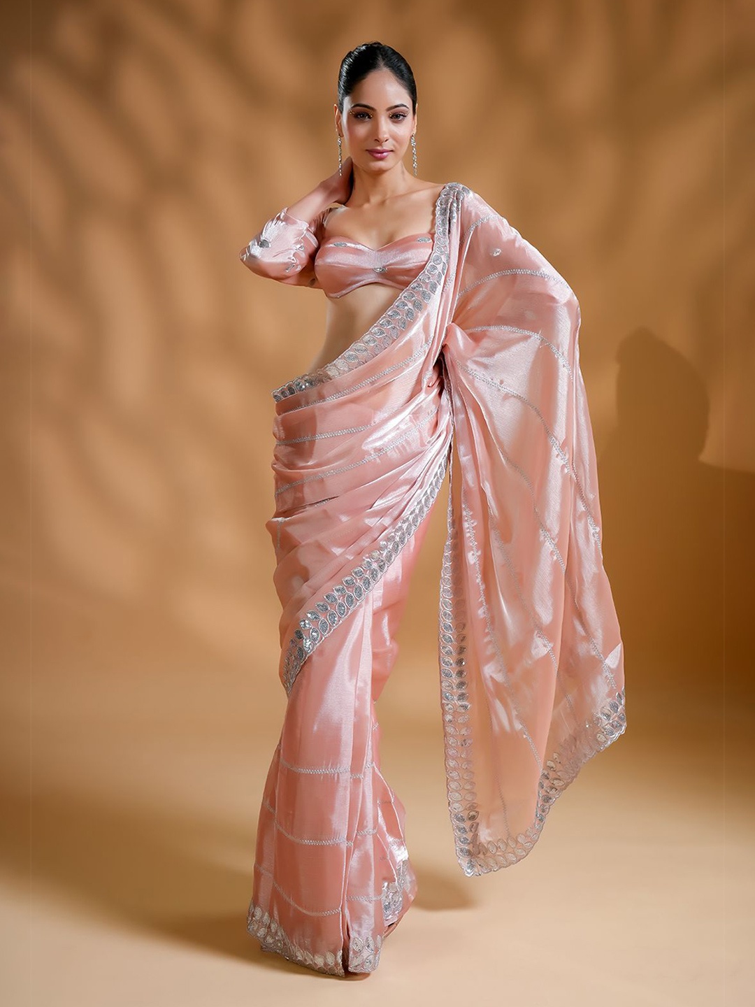 

HANDME Luxurious Embroidered Pre-Draped Saree with Blouse Fabric, Pink