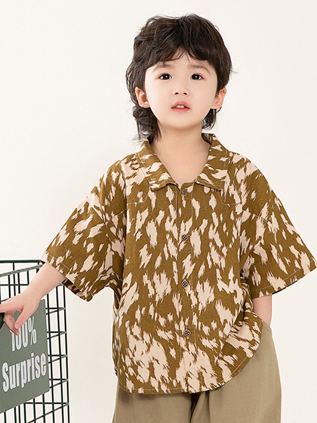 

LULU & SKY Boys Oversized Fit Spread Collar Abstract Printed Cotton Casual Shirt, Mustard