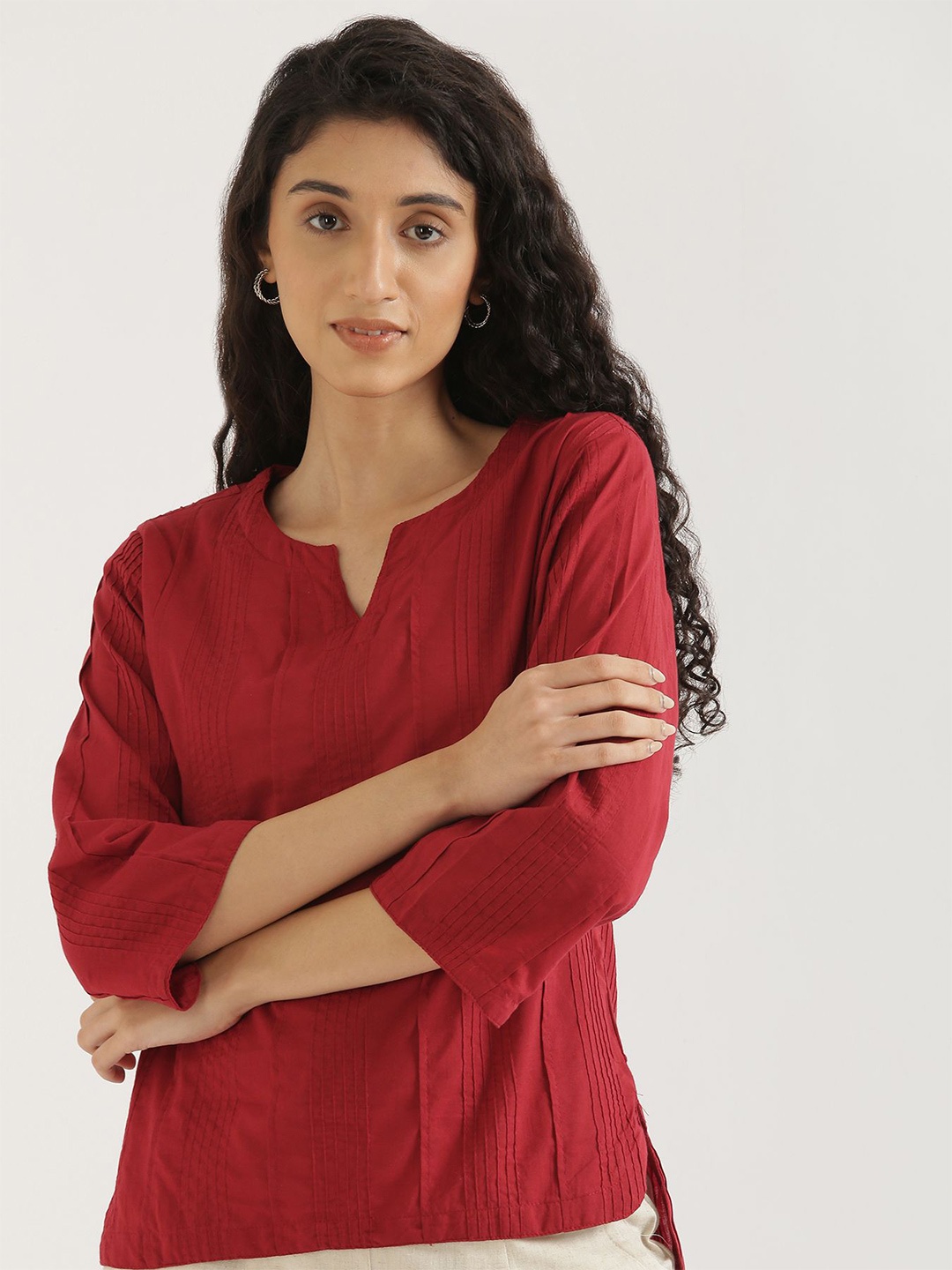 

SAADAA Women Raspberry Solid Everyday Cotton Top for Casual & Office Wear, Red