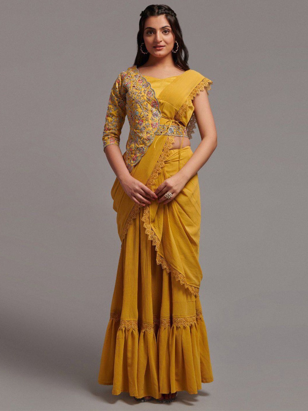 

Anouk Embellished Embroidered Ready to Wear Saree, Mustard