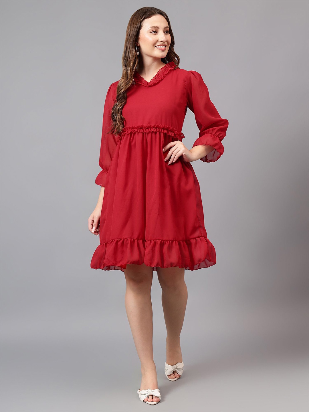 

Bright Nex Bell Sleeve Ruffled Georgette Fit & Flare Dress, Red