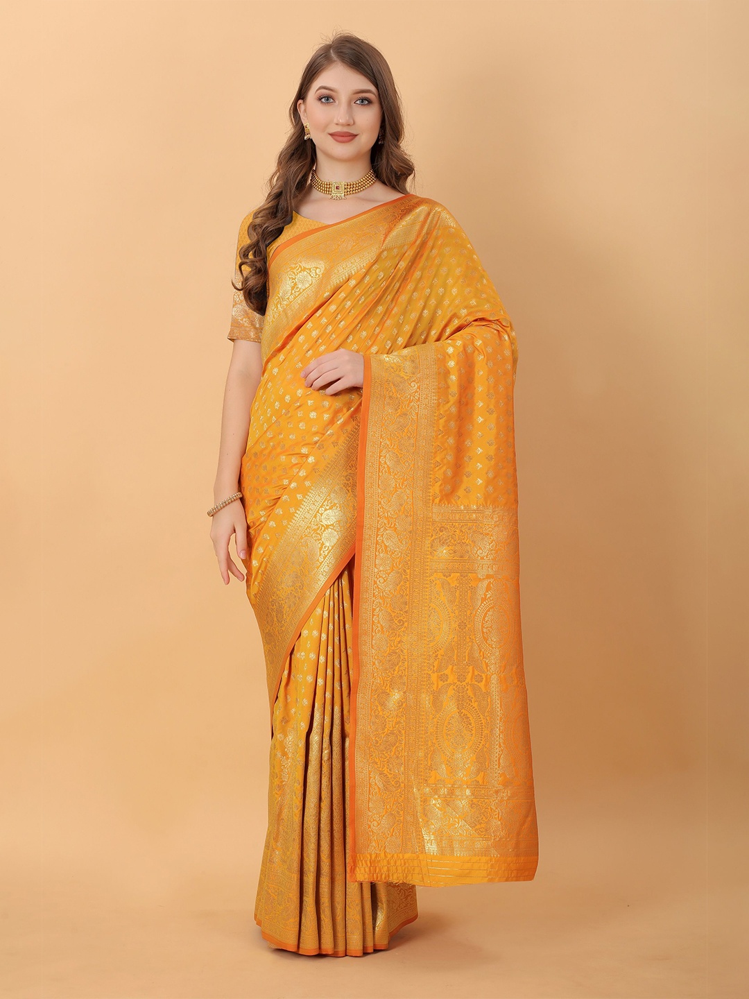 

VEDANT VASTRAM Floral Zari Saree, Mustard