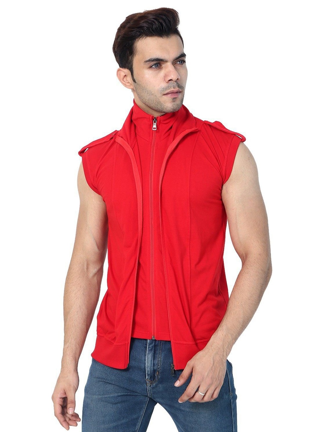 

Black Collection Turtle Neck Double Zipper Sleeveless Slim Fit T-Shirt, Red