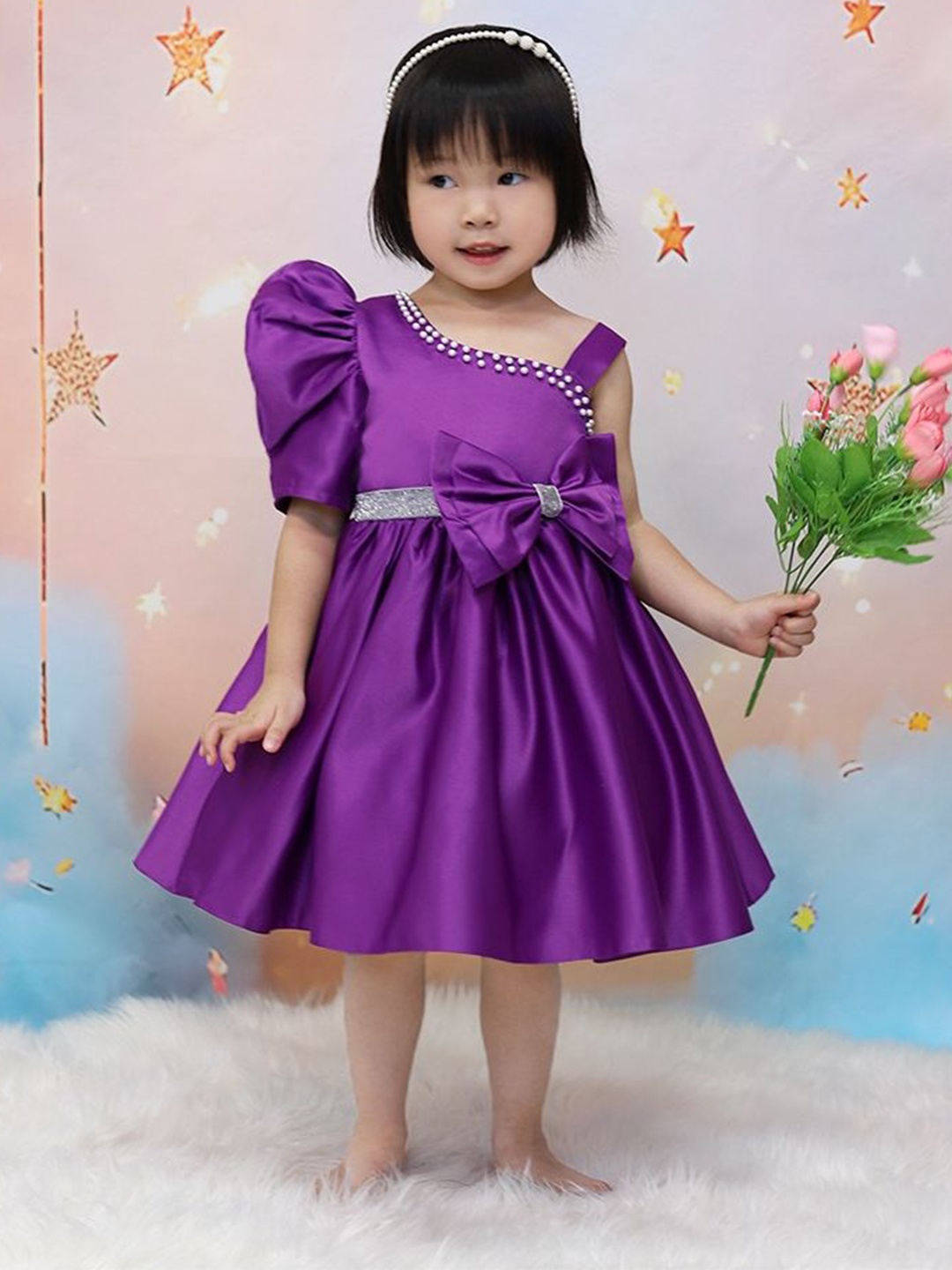 

LULU & SKY Girls Embellished One Shoulder Puff Sleeves Fit & Flare Dress, Purple