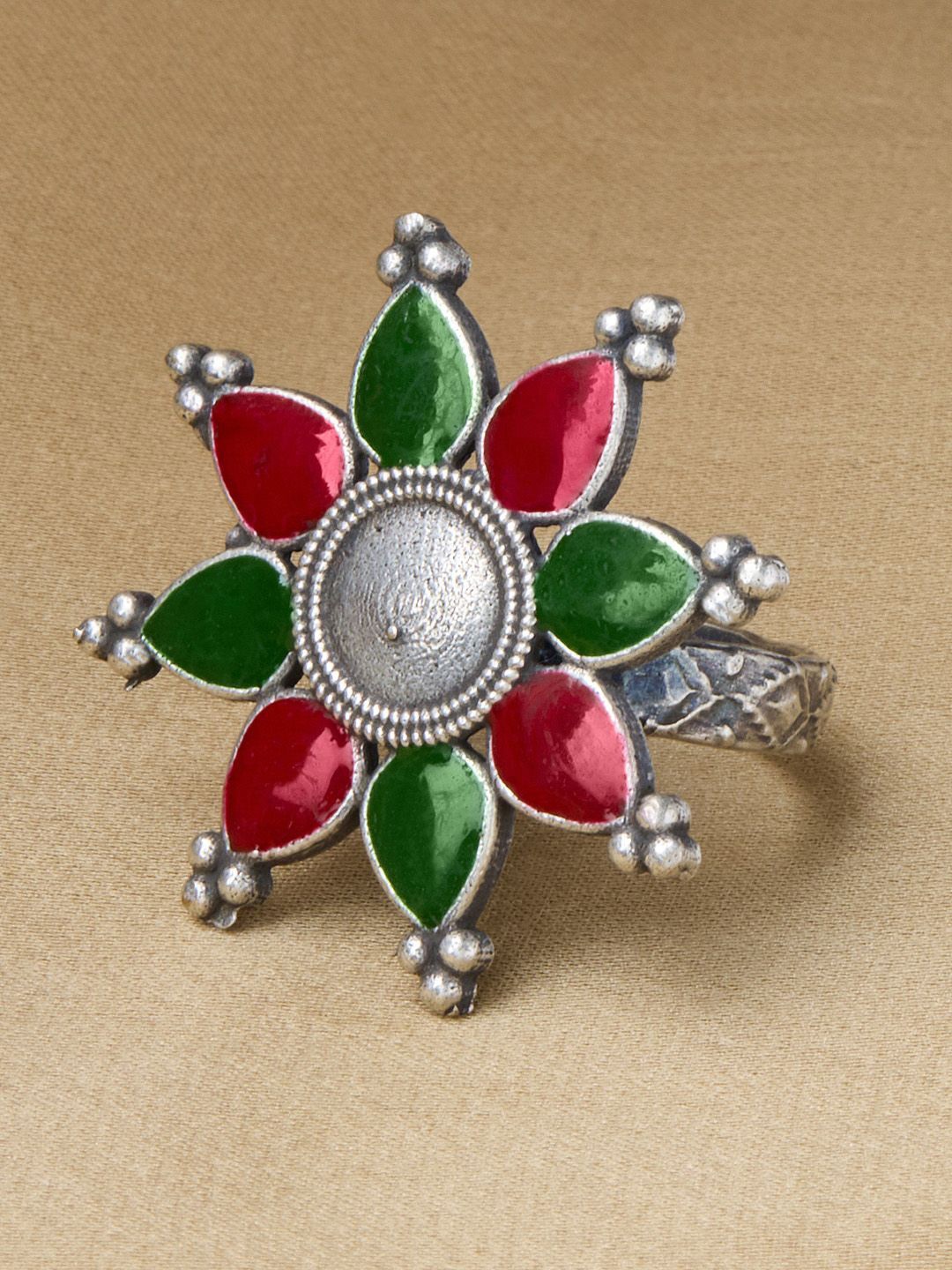 

Priyaasi Silver-Plated Stone Studded Oxidized Meenakari Finger Ring