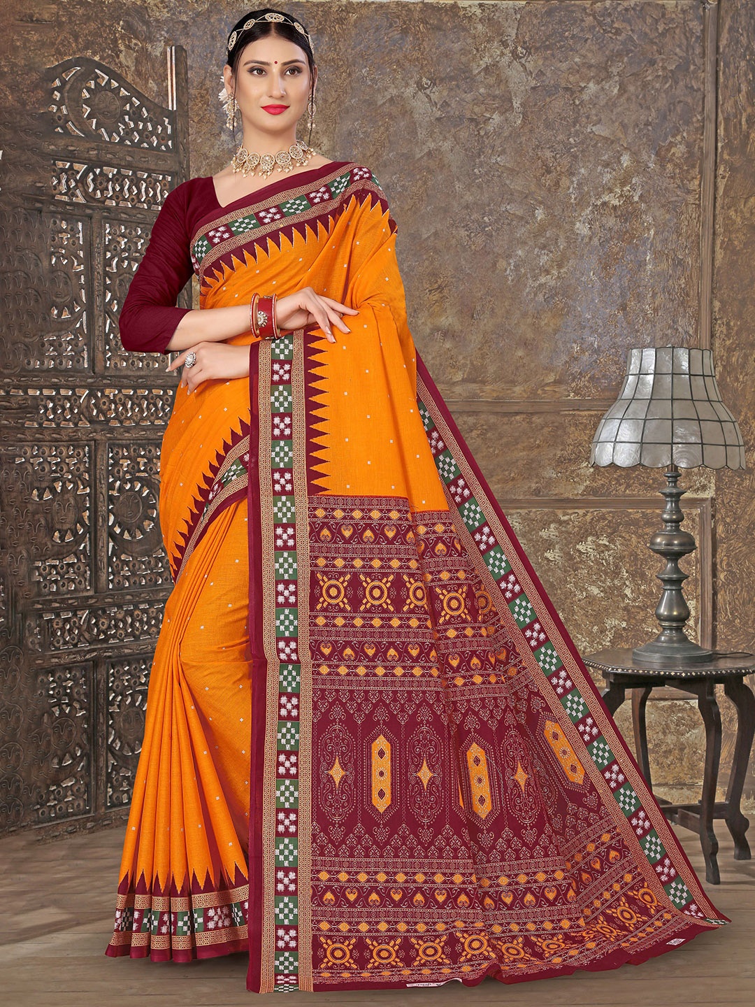 

pasapalli Pure Cotton Sambalpuri Saree, Orange