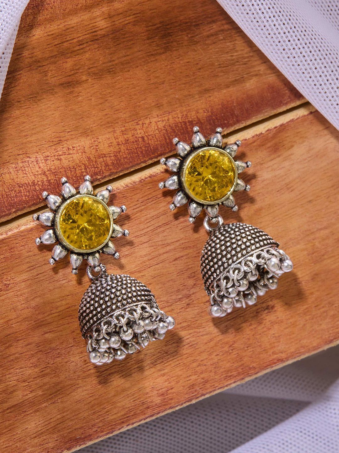 

Priyaasi Silver Plated Stone Studded Dome Shaped Oxidized Jhumkas