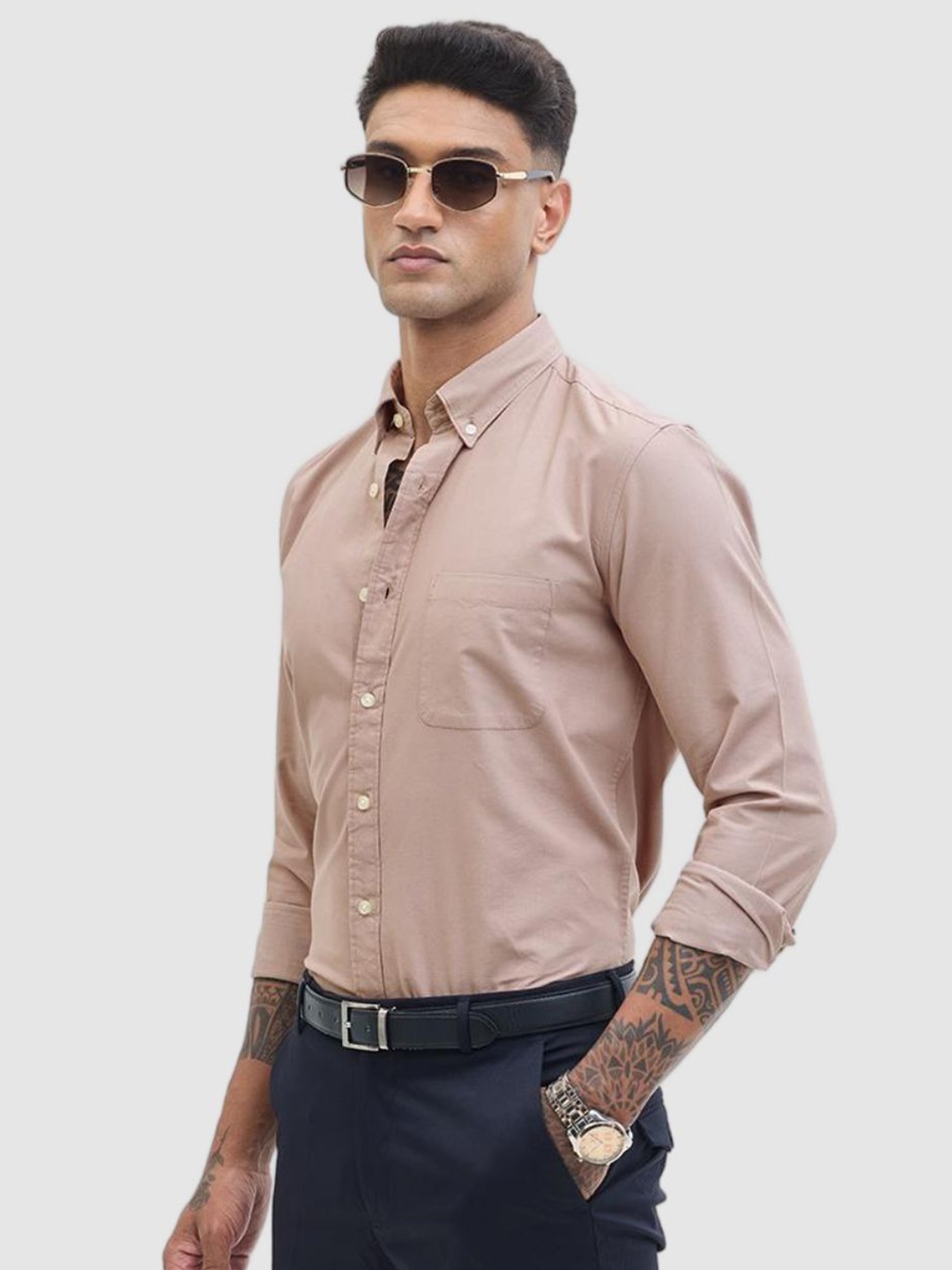 

Snitch Men Smart Slim Fit Button-Down Collar Solid Cotton Formal Shirt, Peach