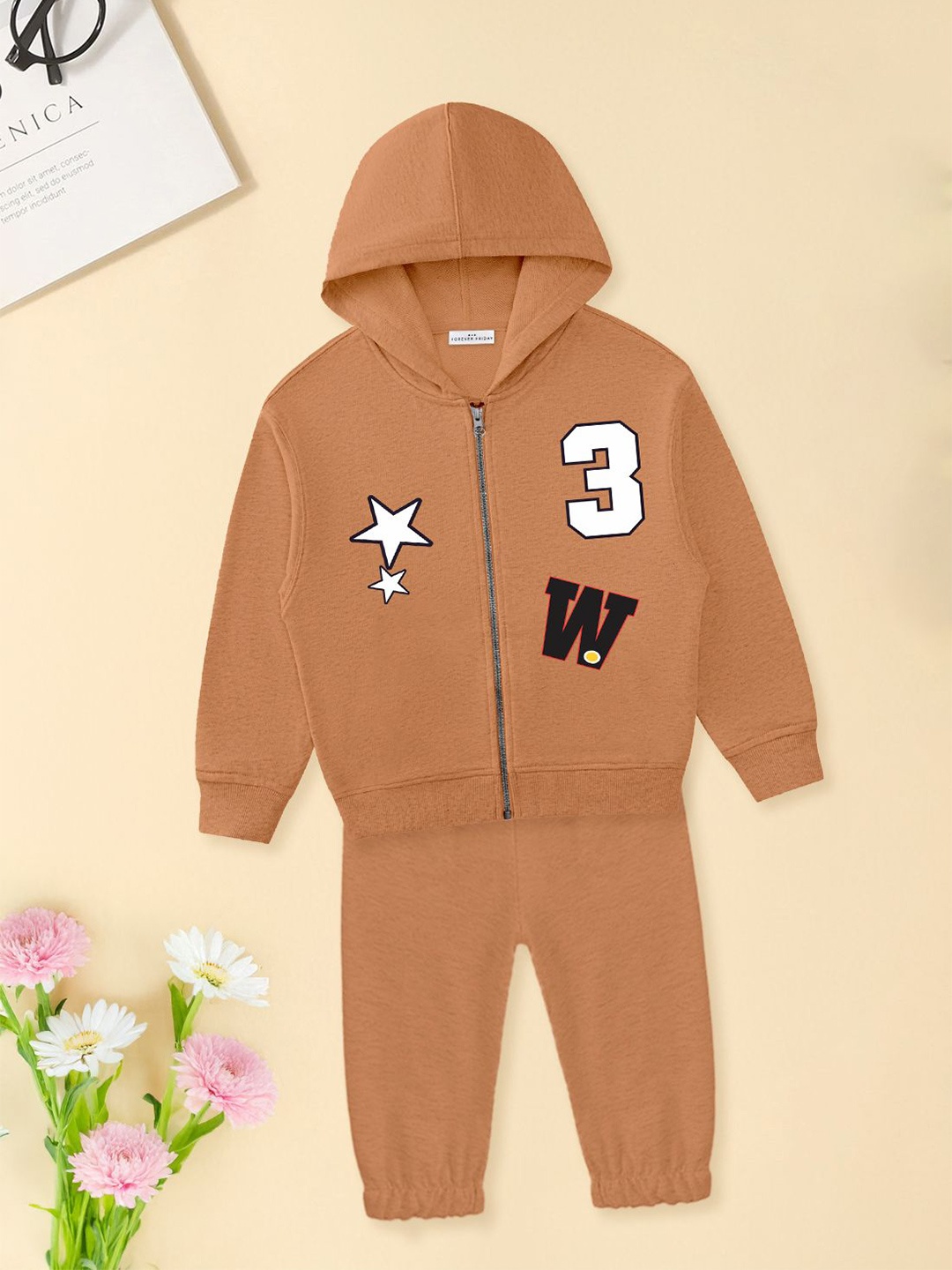 

FOREVER FRIDAY Girls Printed Hooded Pure Cotton Sweatshirt With Joggers, Peach