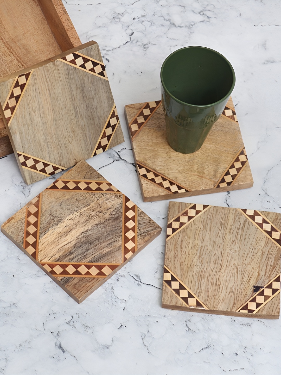 

Indianshelf Brown And Beige 4 Pieces Geometric Wooden Square Shaped Coasters