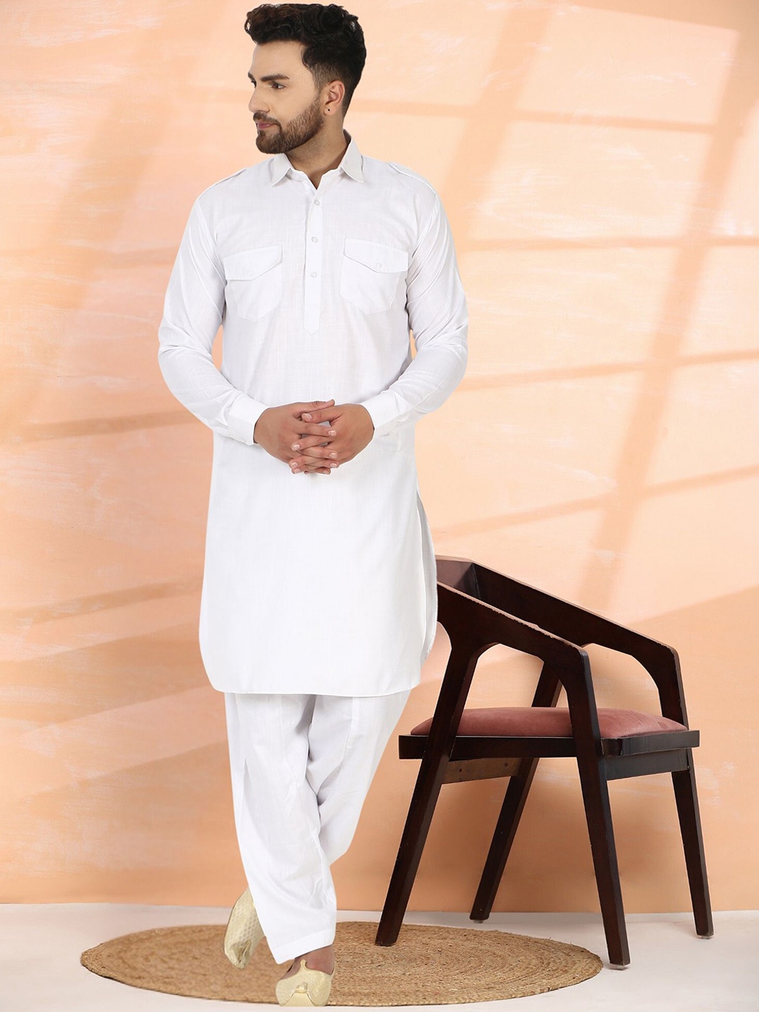 

Moda Rapido Shirt Collar Pure Cotton Pathani Straight Kurta With Salwar, White