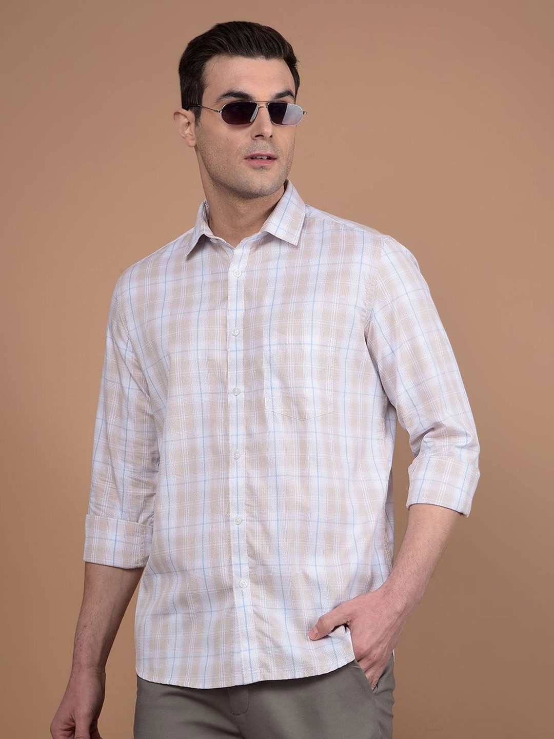 

Crimsoune Club Men Classic Spread Collar Tartan Checked Cotton Casual Shirt, Beige