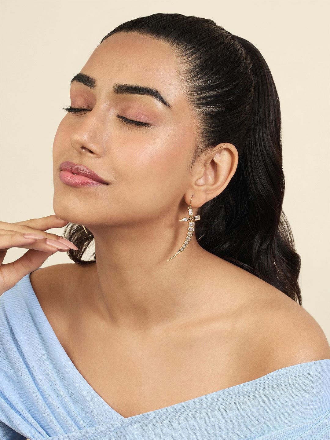 

Isharya 18KT Gold Plated CZ-Stone Studded Contemporary Tennis Sword Dangle Drop Earrings