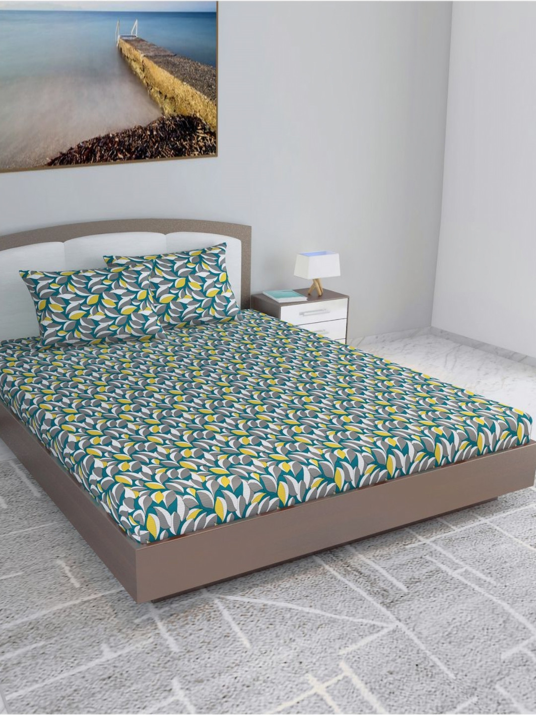 

Divine Casa Florate Teal Floral Printed Pure Cotton 144 TC King Bedsheet Set 2.70m x 2.70m, Yellow