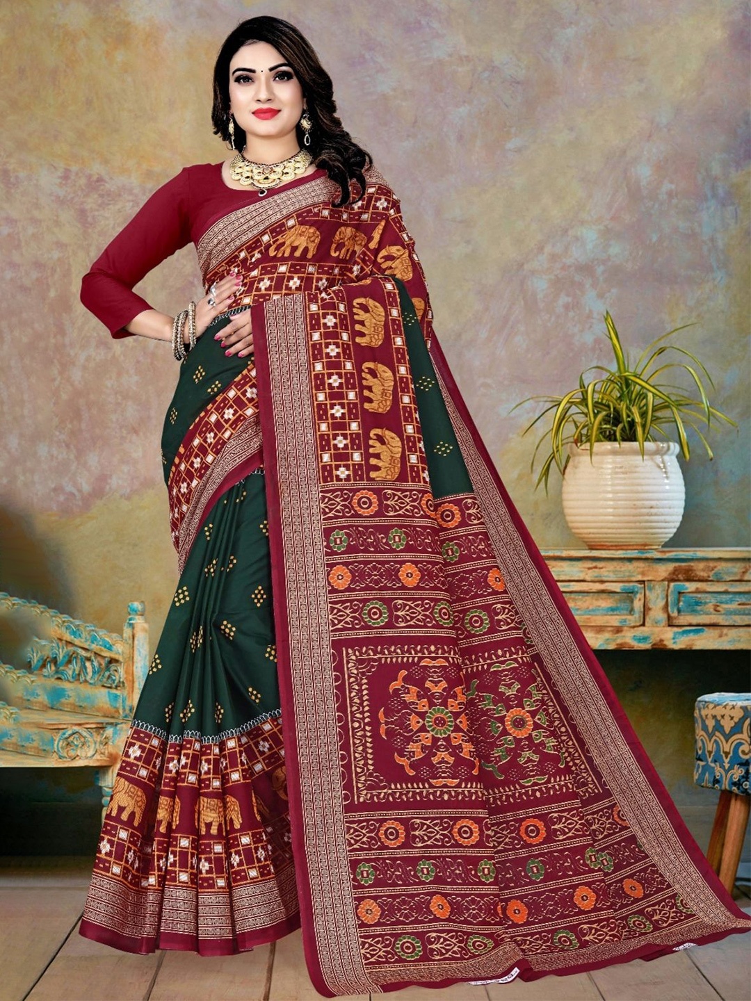

pasapalli Ethnic Motifs Pure Cotton Sambalpuri Saree, Green