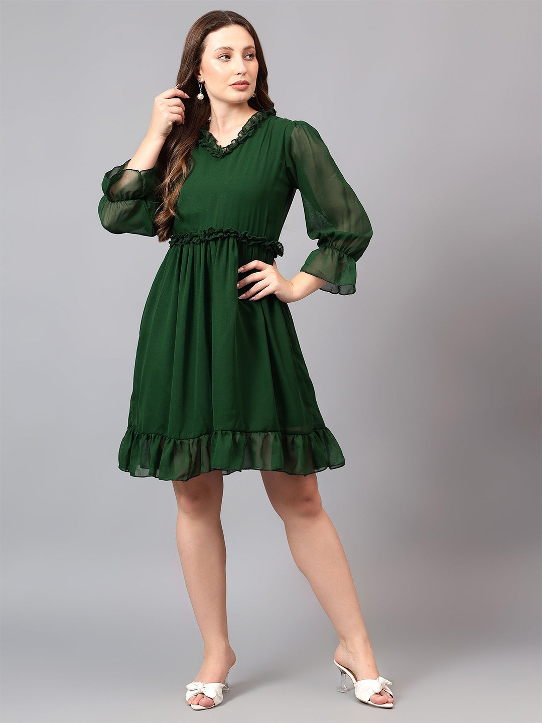 

Bright Nex Women Puff Sleeve Ruffled Georgette Fit & Flare Dress, Green