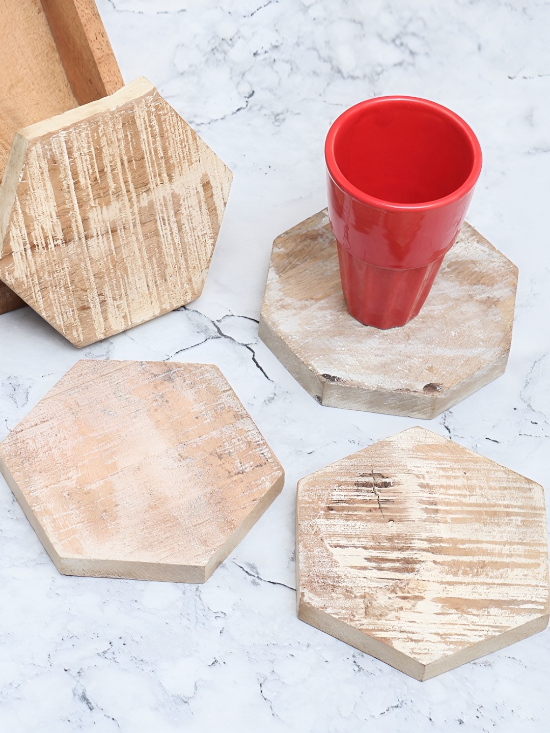 

Indianshelf 4-Pieces Brown & Beige Patterned Wooden Dining Table Coasters