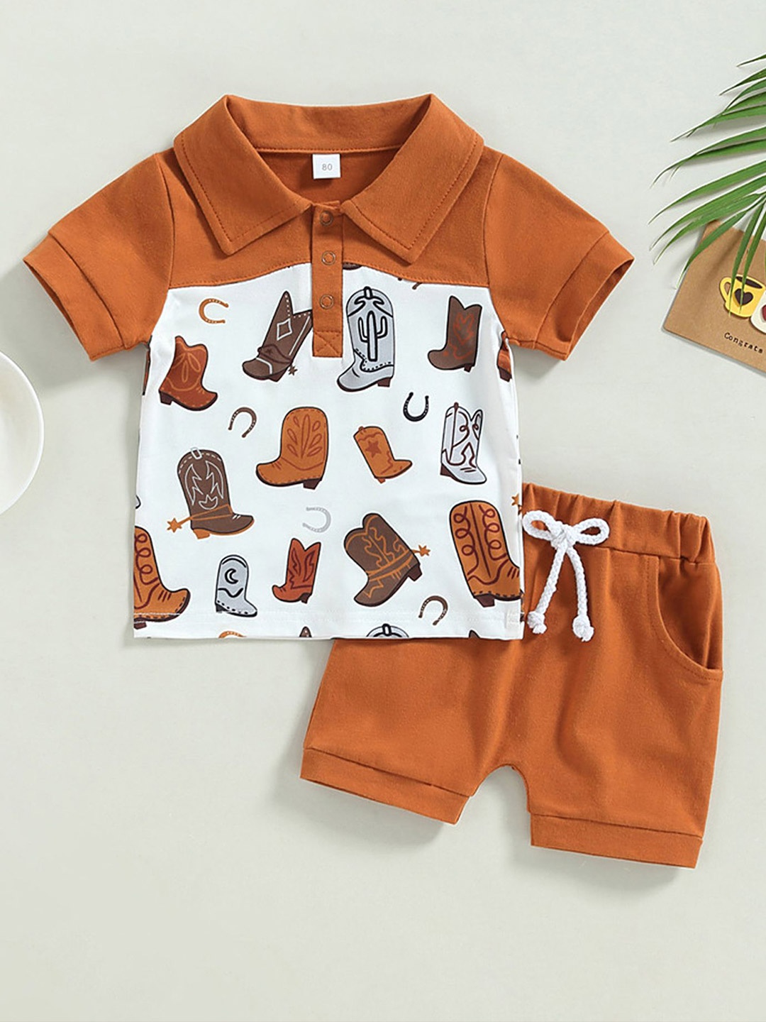 

LULU & SKY Boys Printed Polo Collar Pure Cotton T-Shirt With Shorts, Brown