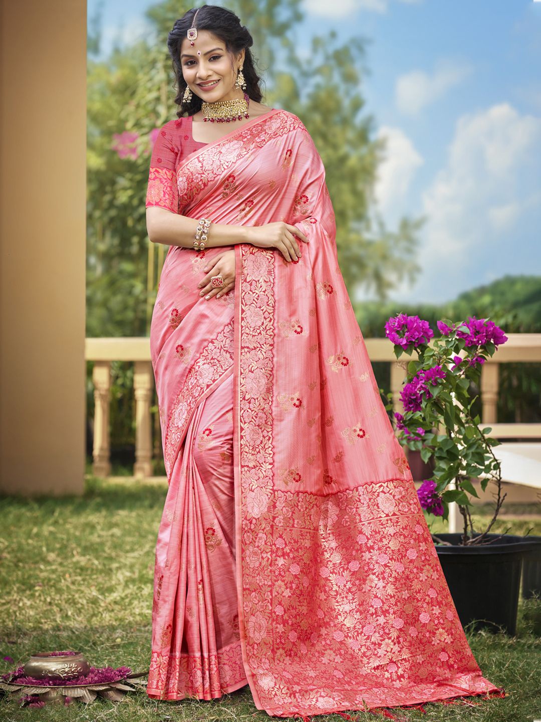

SANGAM PRINTS Floral Woven Design Banarasi Saree, Pink