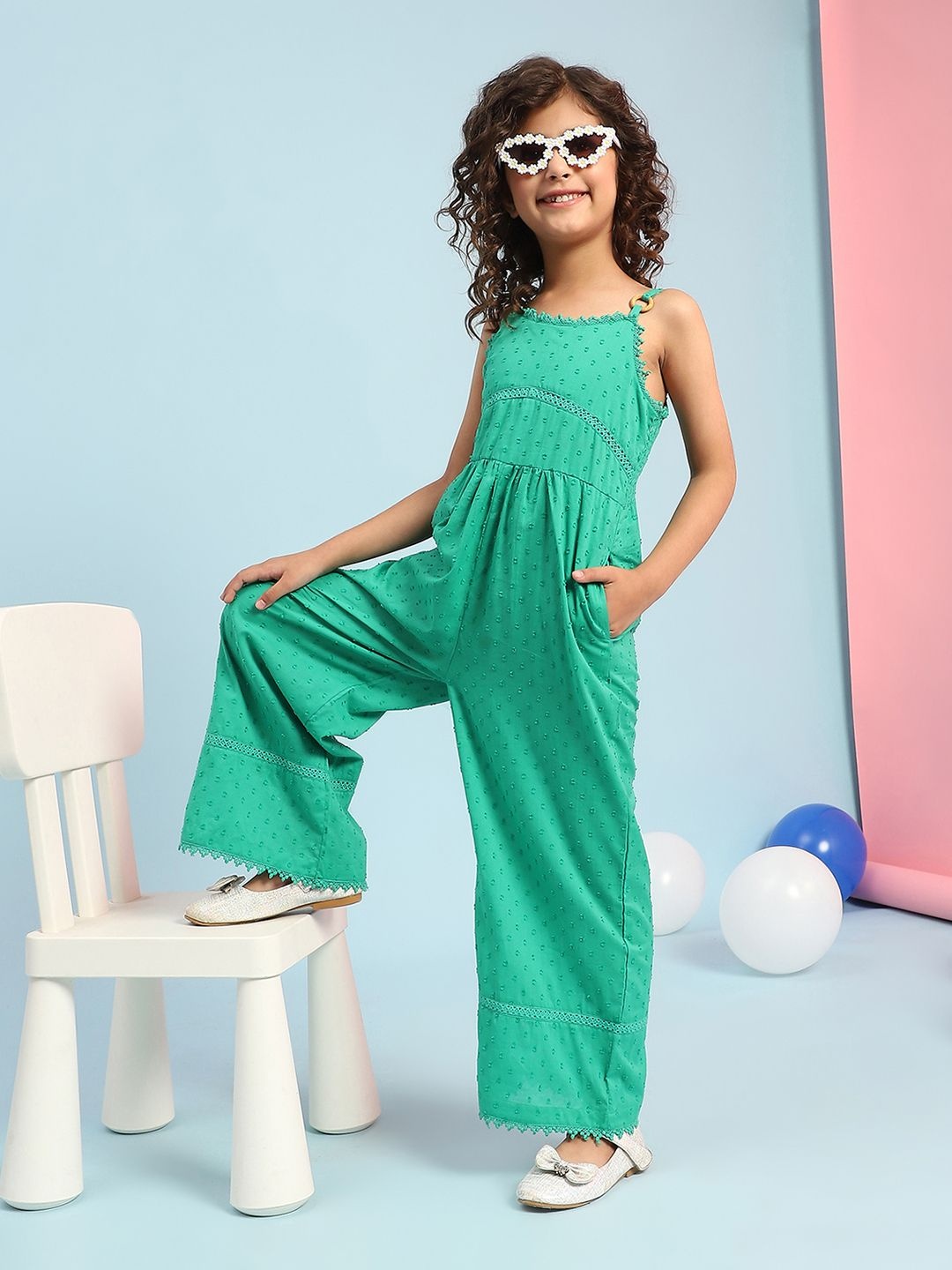 

Biba Girls Cotton Self Design Basic Jumpsuit, Green