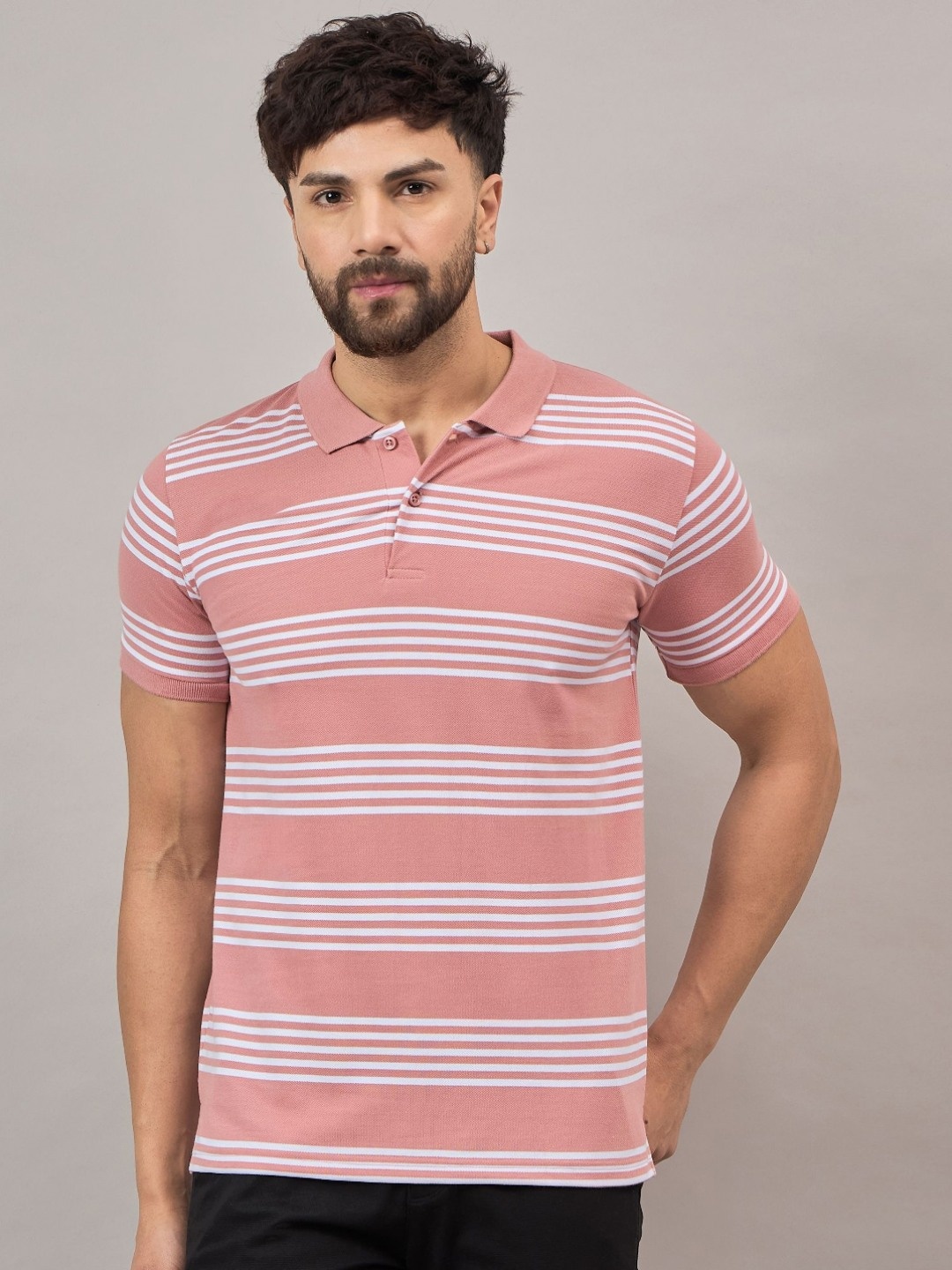 

REPRISE Men Striped Polo Collar Cotton T-shirt, Pink