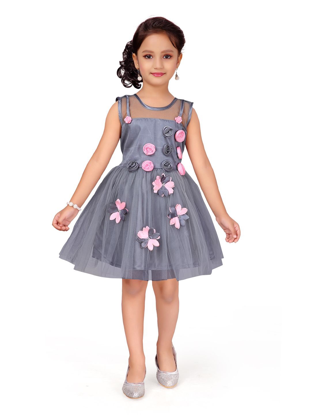 

YK Girls Embellished Fit and Flare Above Knee Dress, Grey