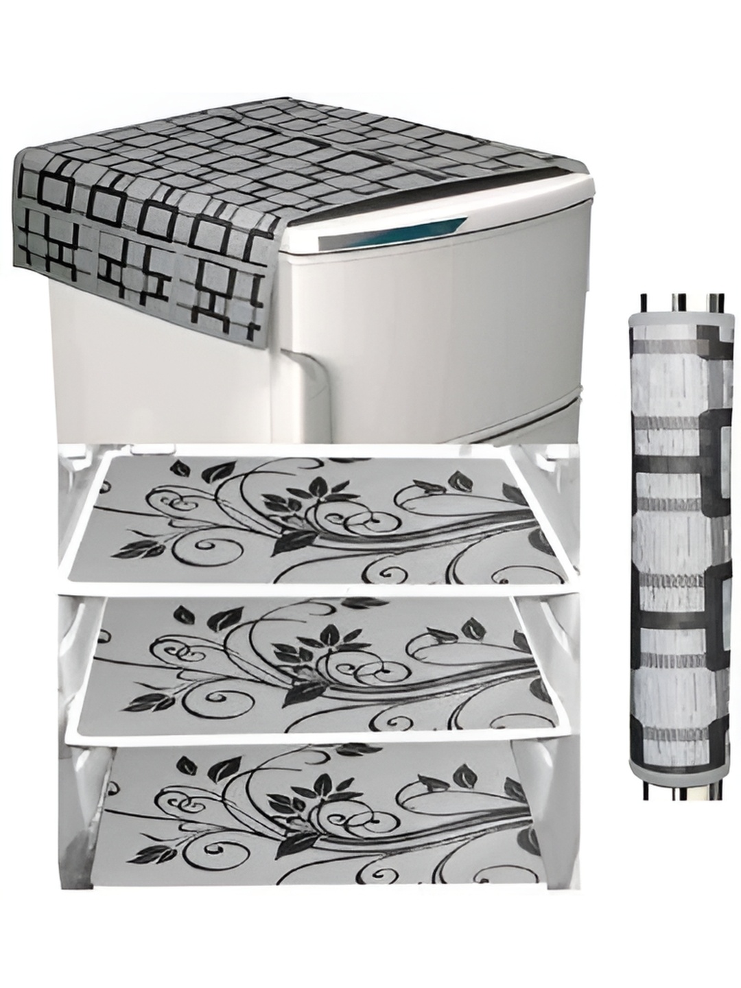 

Dakshya Industries Grey & Black 5 Pieces Printed Refrigerator Covers