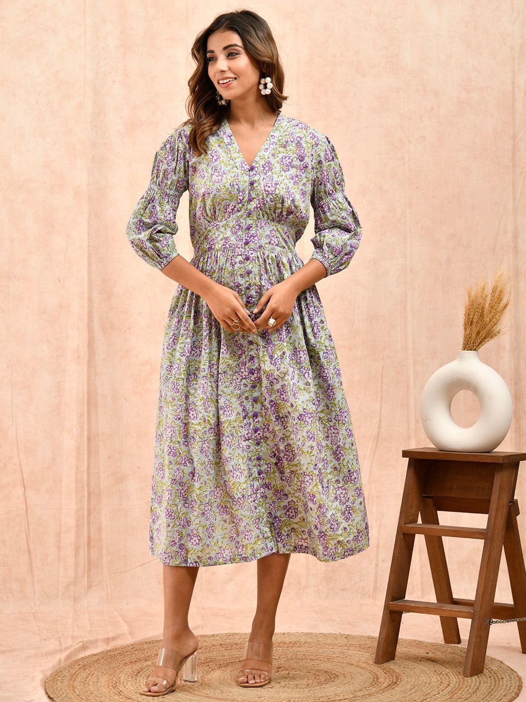 

Eco Clothing Women Floral Printed V-Neck Cotton Fit & Flare Midi Dress, Green