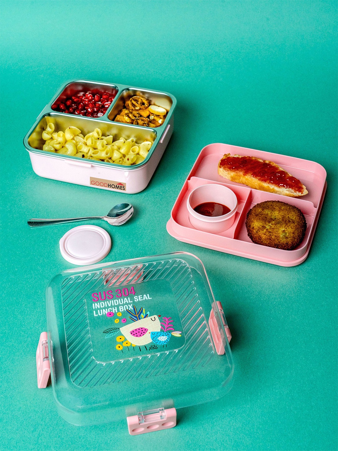 

GOODHOMES Pink and Transparent Printed Melamine Lunch Box with airtight lid