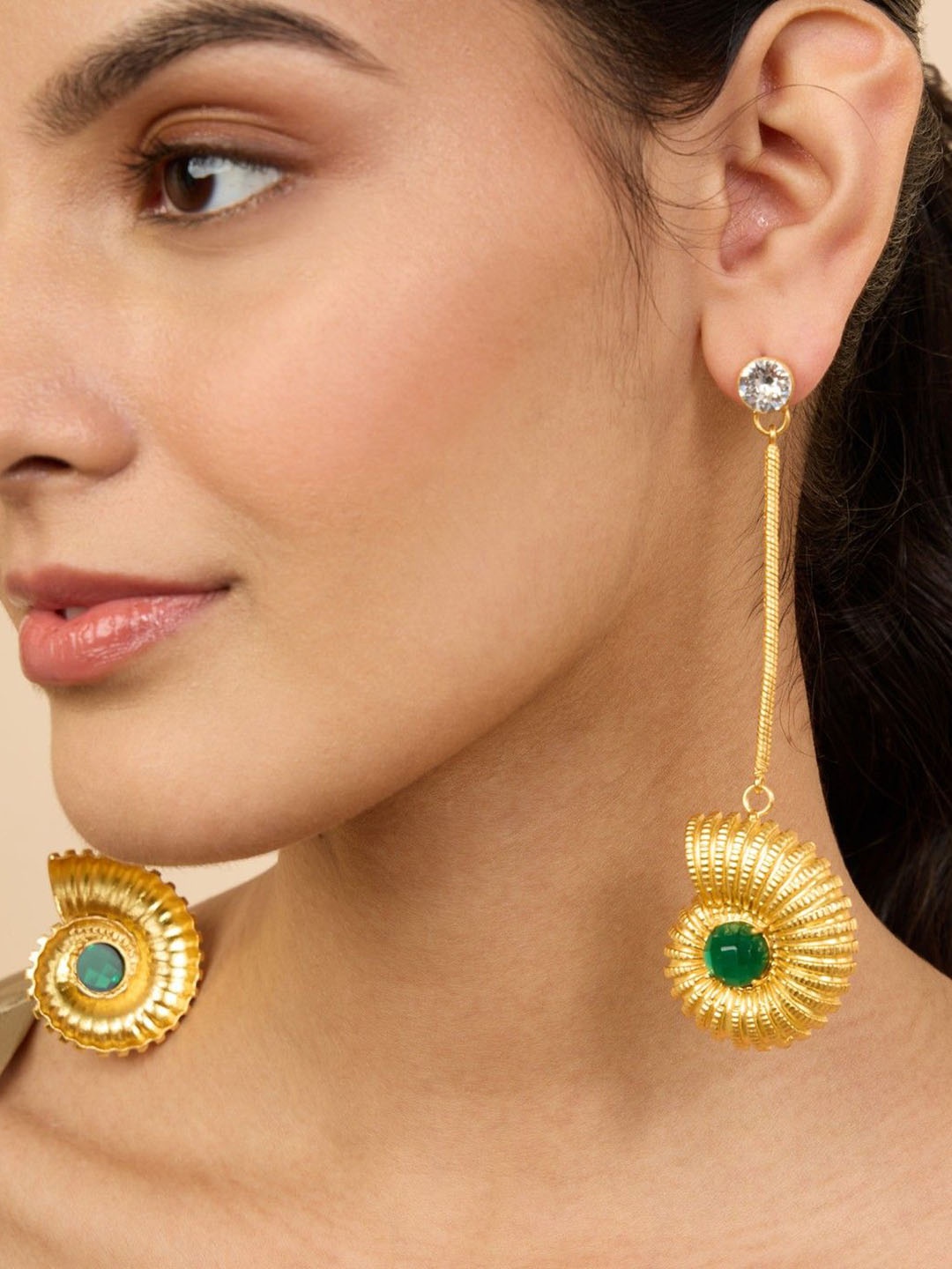 

MNSH Gold-Plated Artificial Stones Studded Contemporary Drop Earrings