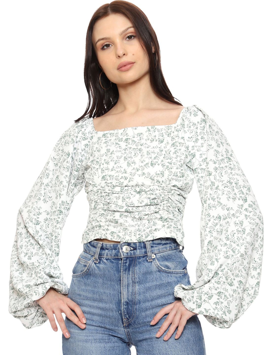 

SXV STYLE Floral Print Puff Sleeve Georgette Top, White