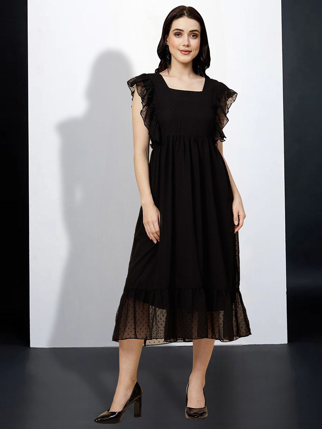 

MISS AYSE Square Neck Flutter Sleeves Cotton Fit & Flare Midi Dress, Black