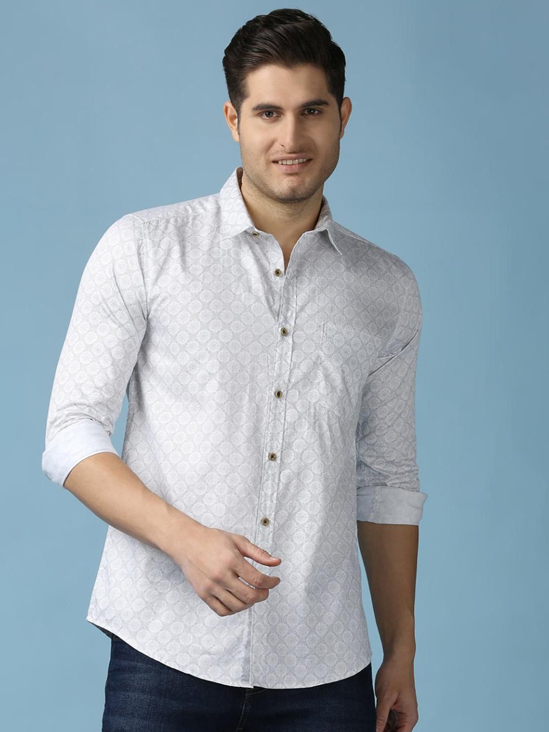 

SNX Men Spread Collar Floral Printed Cotton Casual Shirt, White