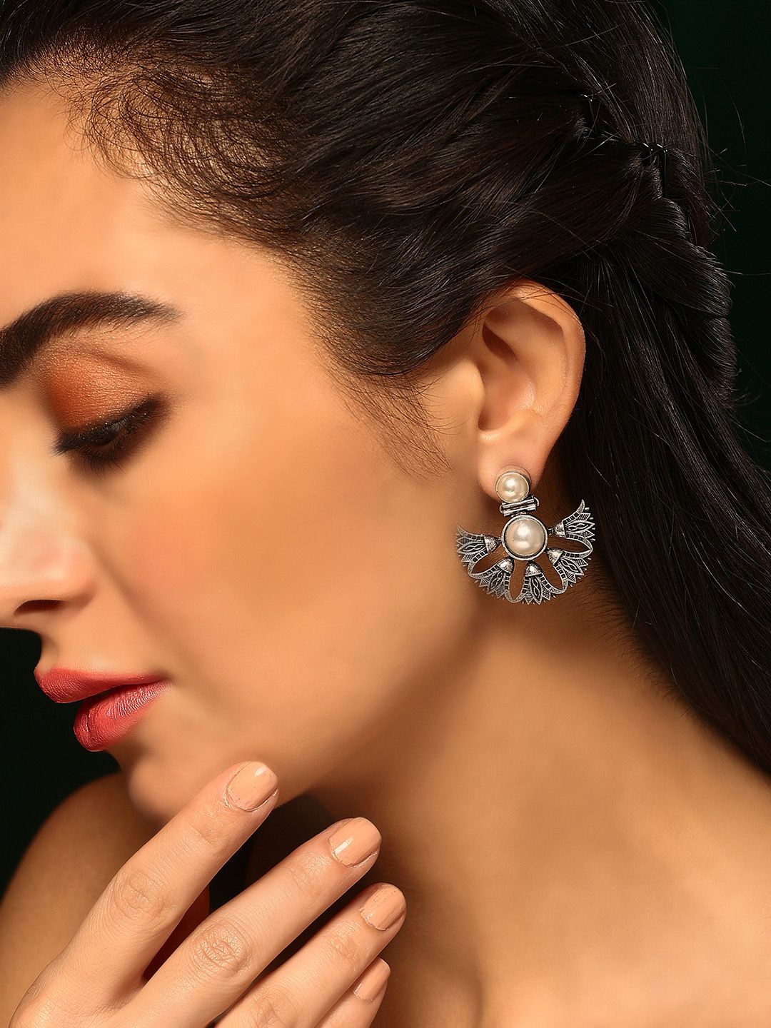 

Priyaasi Silver-Plated Pearls Beaded Contemporary Oxidised Drop Earrings