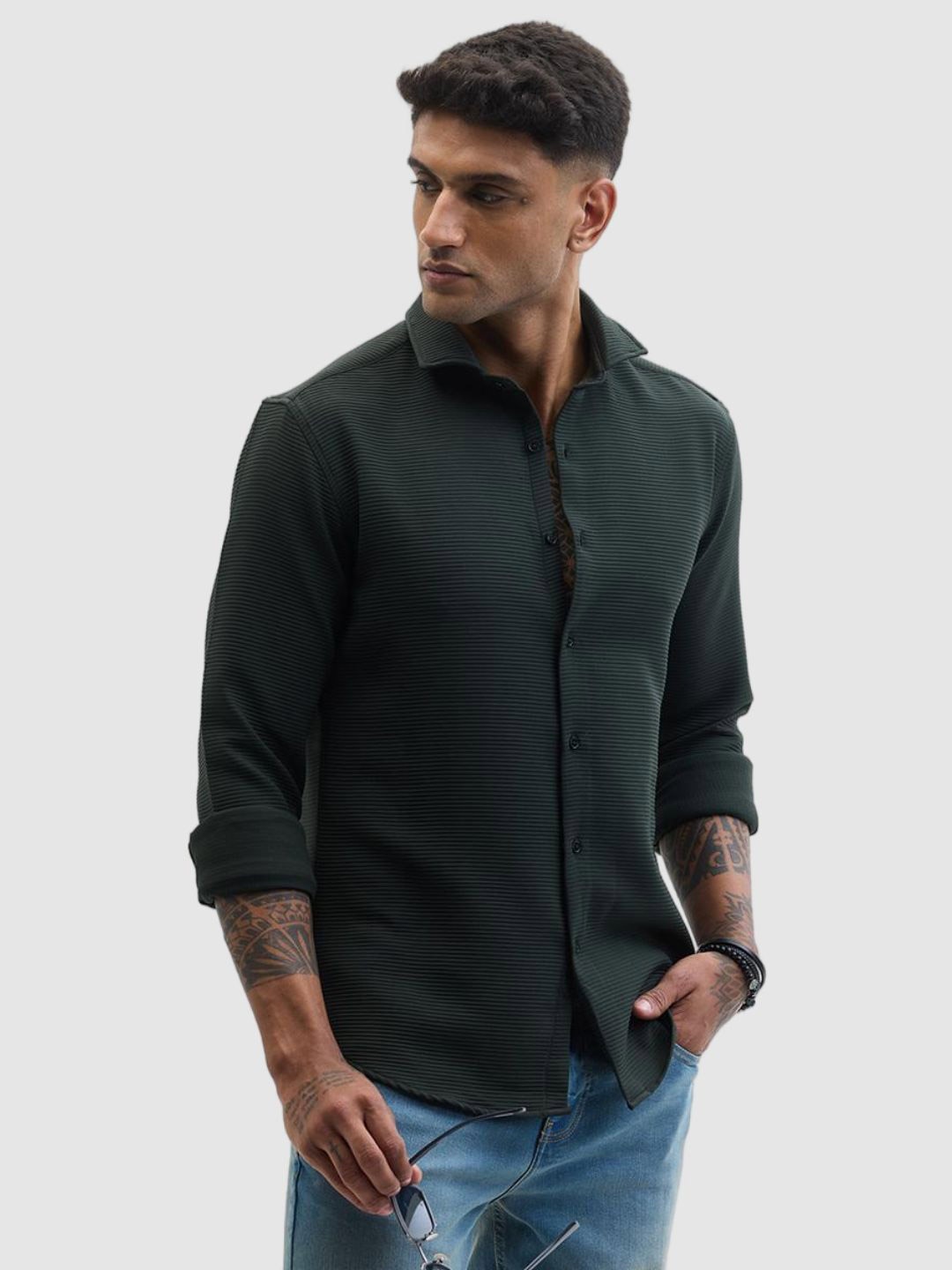 

Snitch Men Smart Fit Spread Collar Horizontal Striped Casual Shirt, Green
