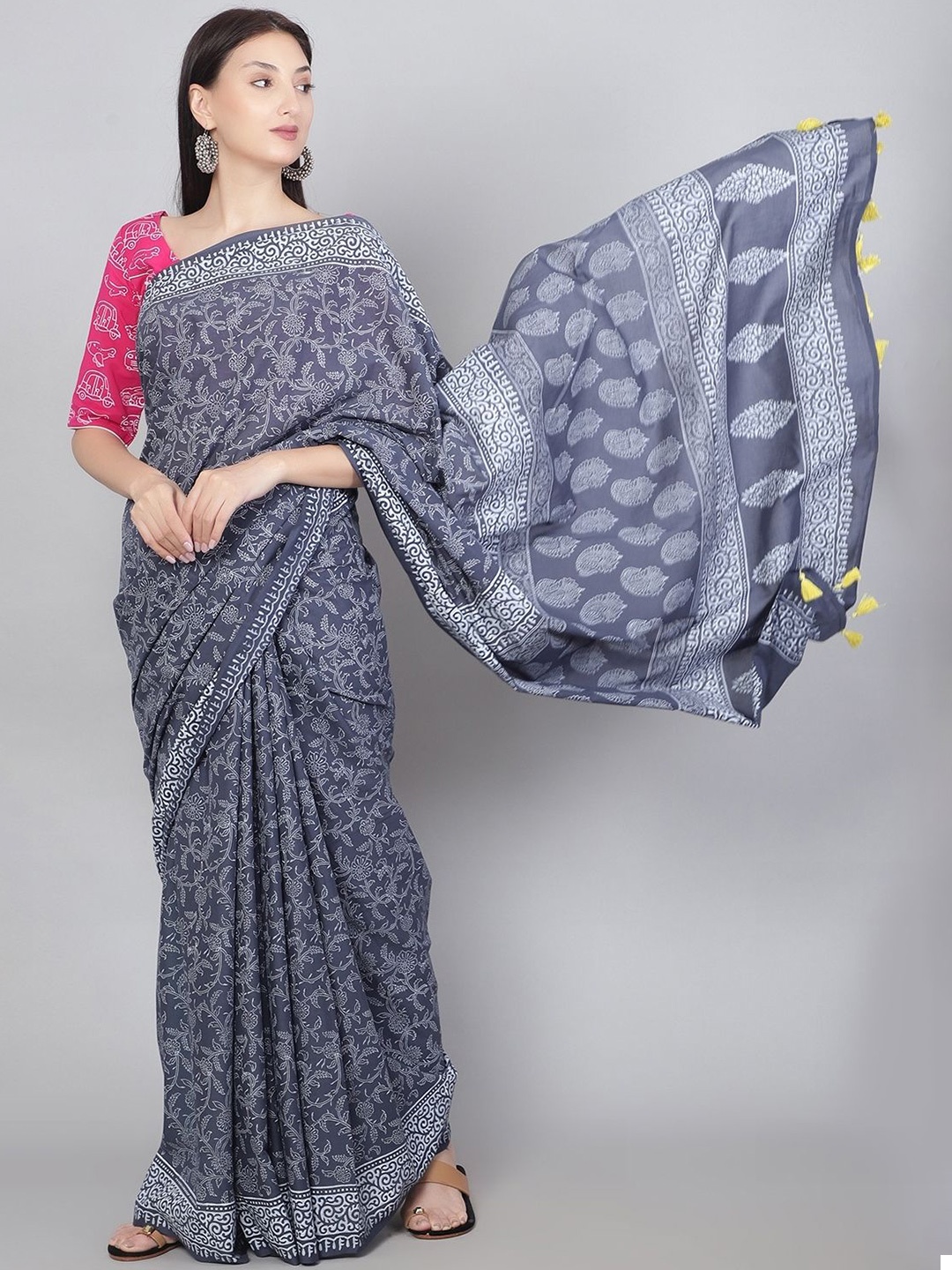 

PALASH Floral Printed Pure Cotton Block Print Saree, Grey