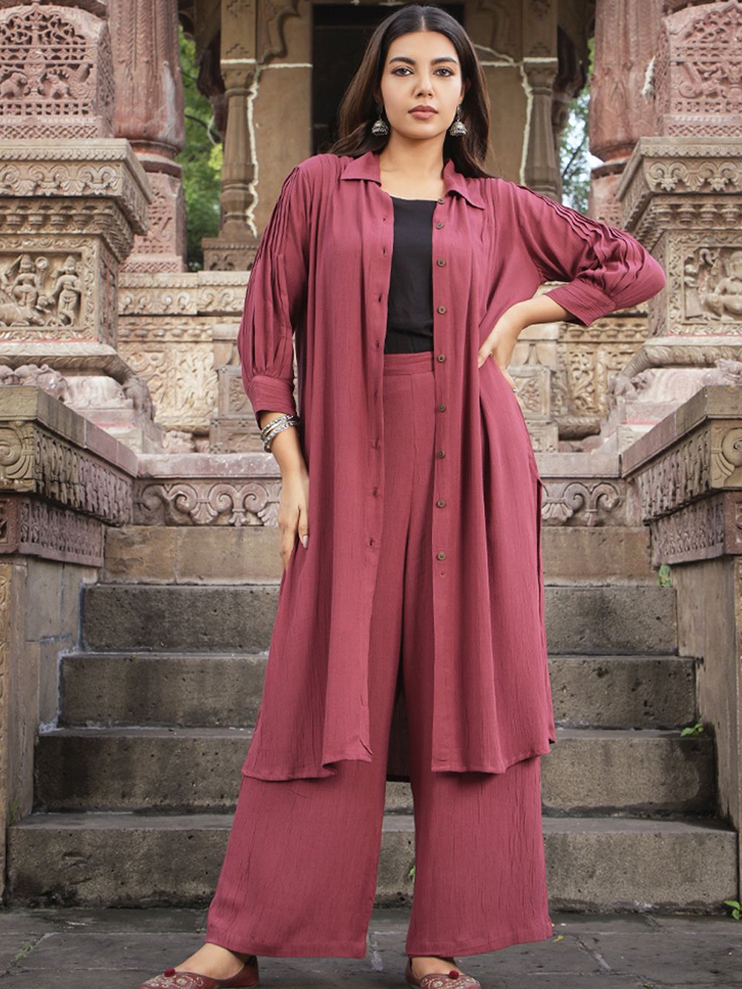 

JITI Pure Cotton Shirt Collar Neck Pleated Tunic With Palazzos Co-Ords, Maroon