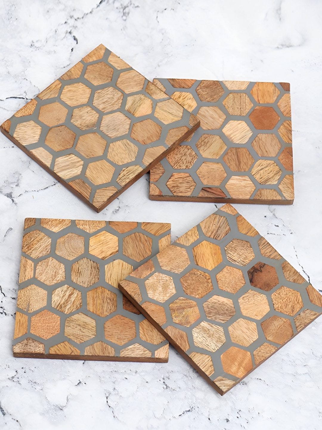 

Indianshelf Brown & Grey 4 Pieces Hexagonal Printed Square Shaped Wooden Coasters