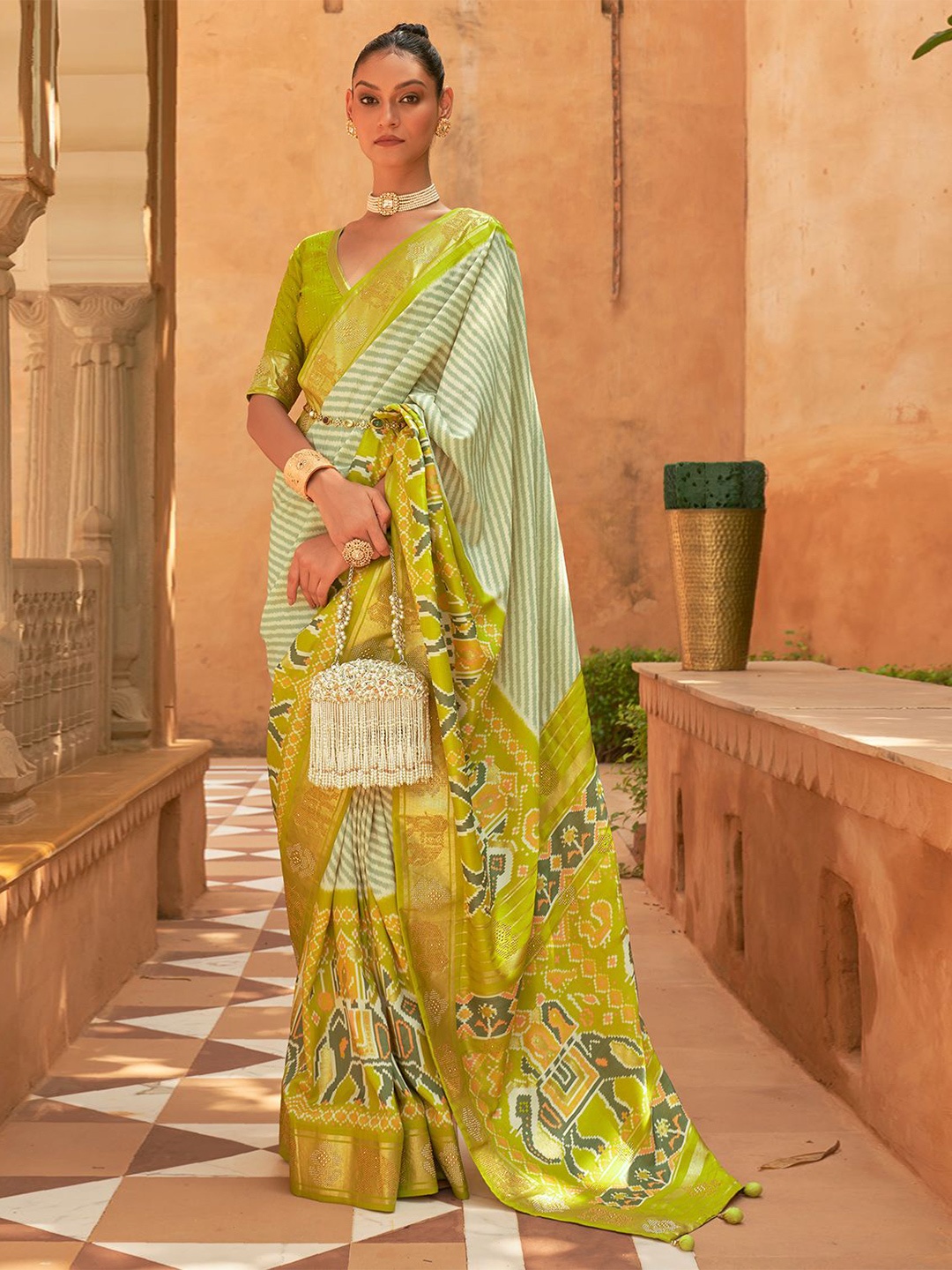 

DEVATITHI Kalamkari Beads and Stones Silk Blend Patola Saree, Lime green