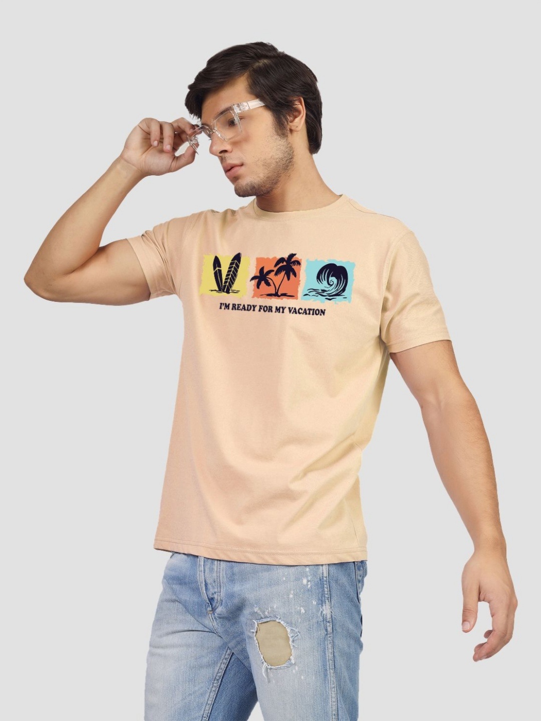 

Greylongg Men Graphic Printed Round Neck Cotton T-shirt, Beige
