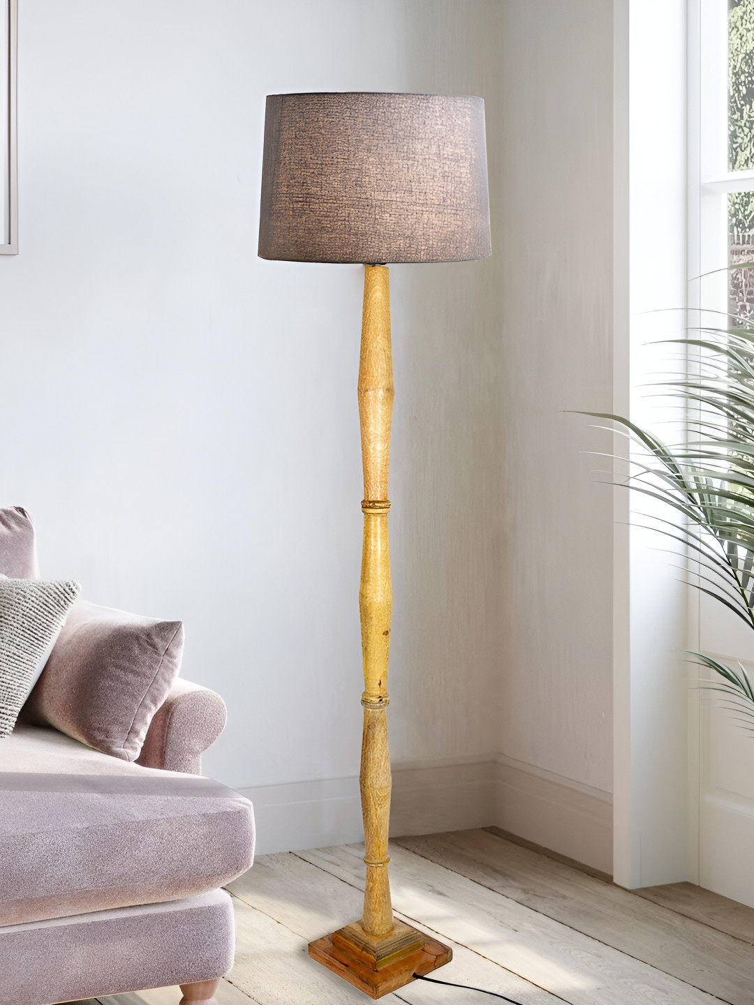

Homesake Grey & Beige Cylinder Shaped Wooden Floor Lamp