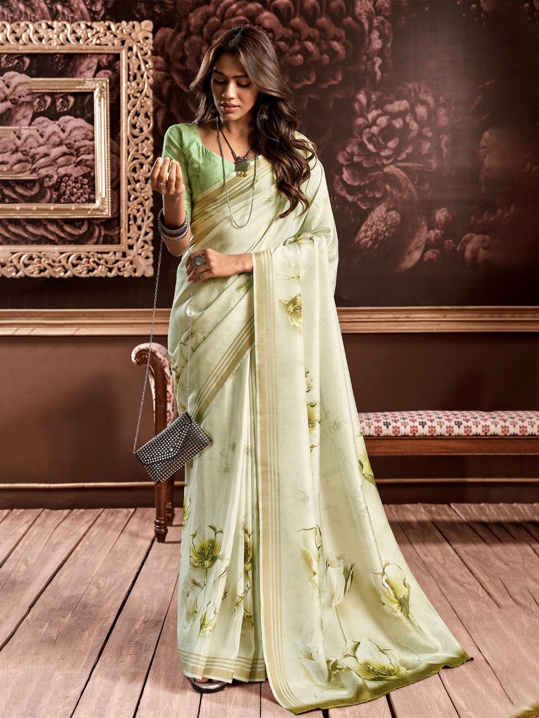 

DEVATITHI Floral Satin Saree, Green