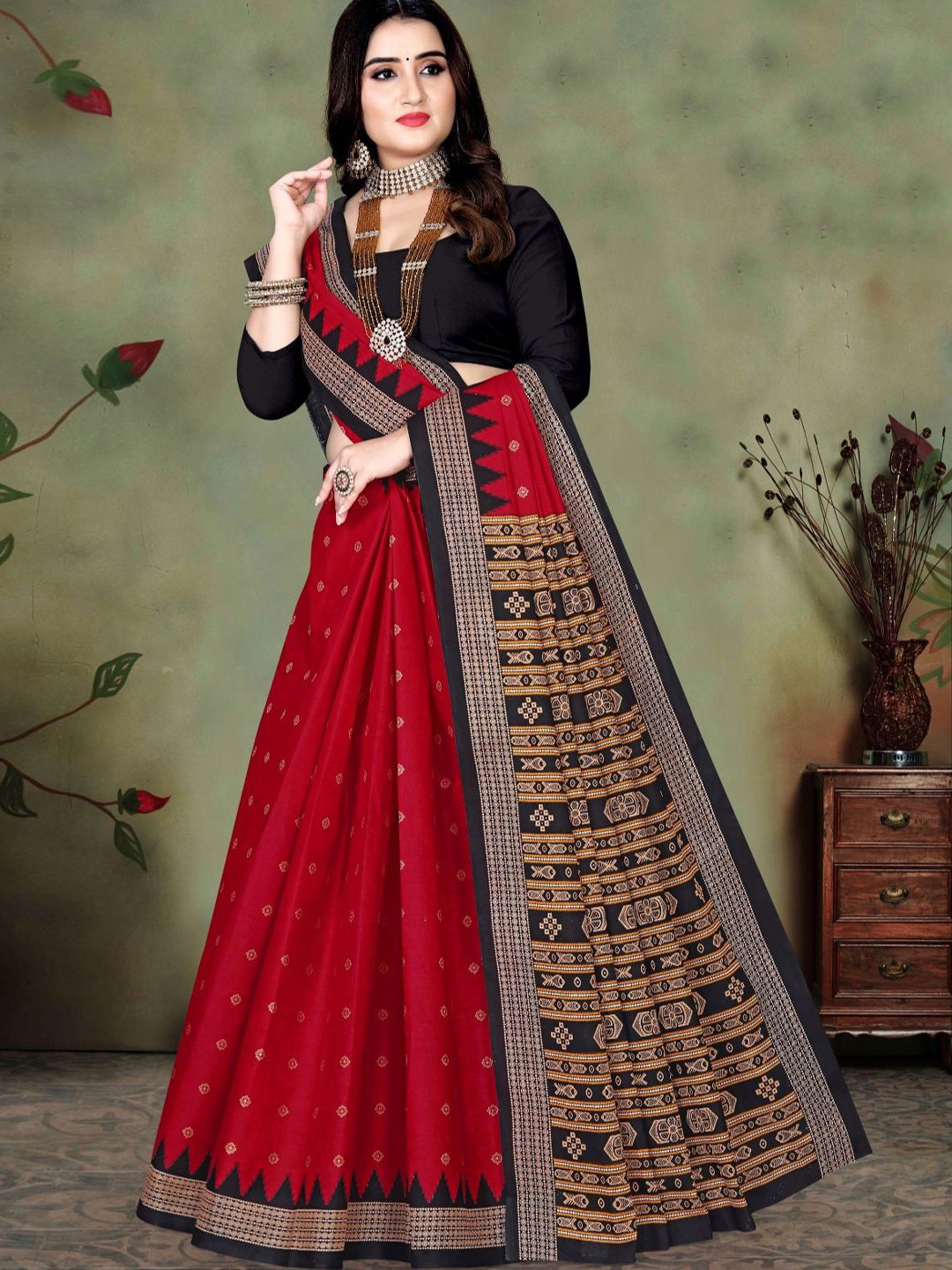 

pasapalli Pure Cotton Sambalpuri Saree, Red