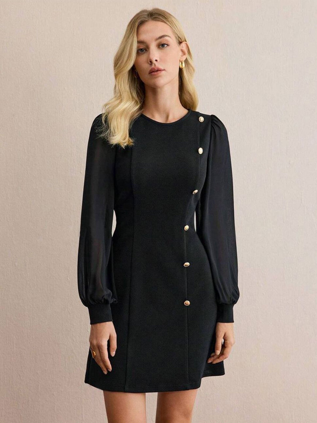 

StyleCast x Revolte Women Round Neck Button Detail A-Line Dress, Black