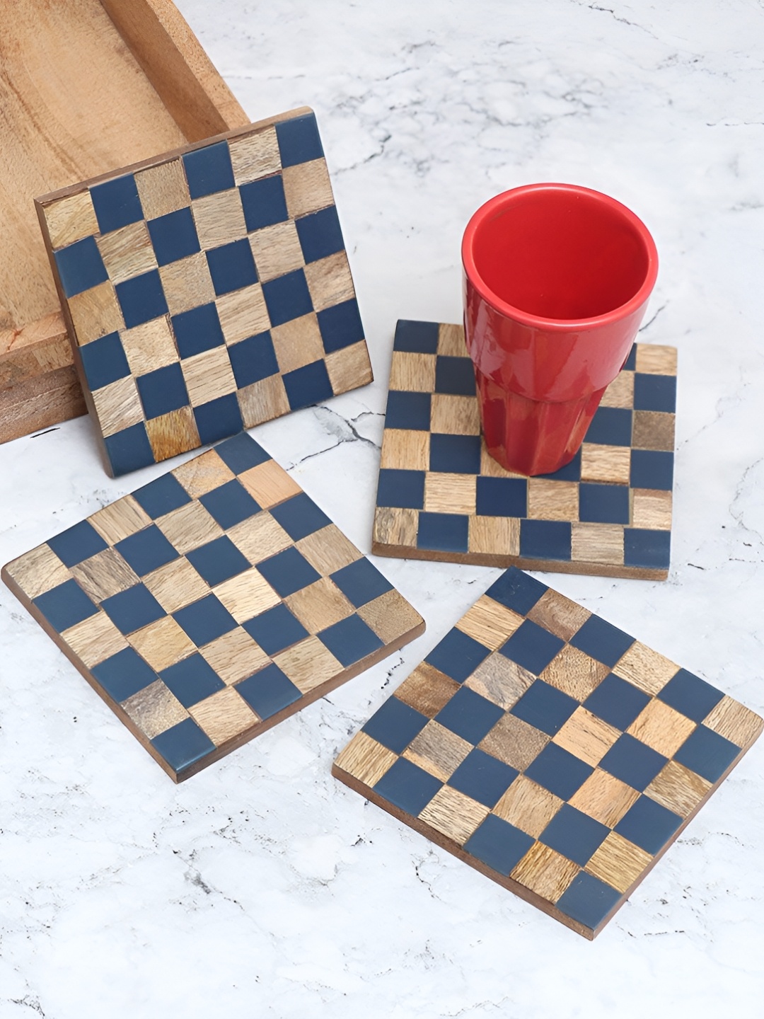 

Indianshelf 4-Pcs Brown & Blue Checked Wooden Dining Table Coasters