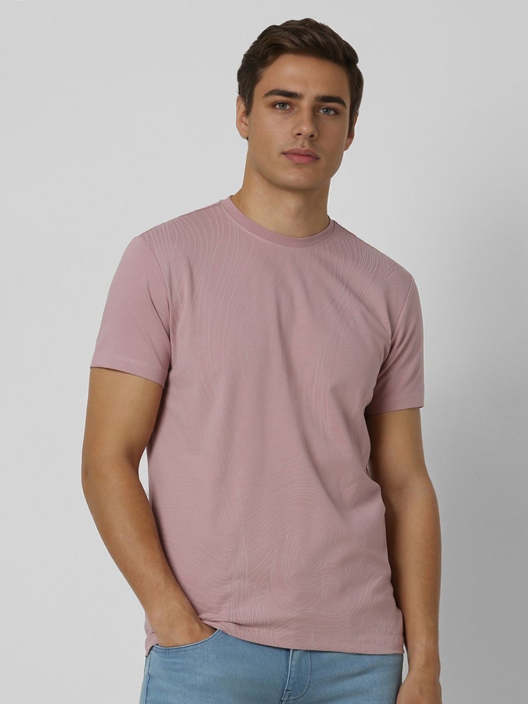 

V Dot Men Abstract Printed Round Neck Cotton T-shirt, Taupe
