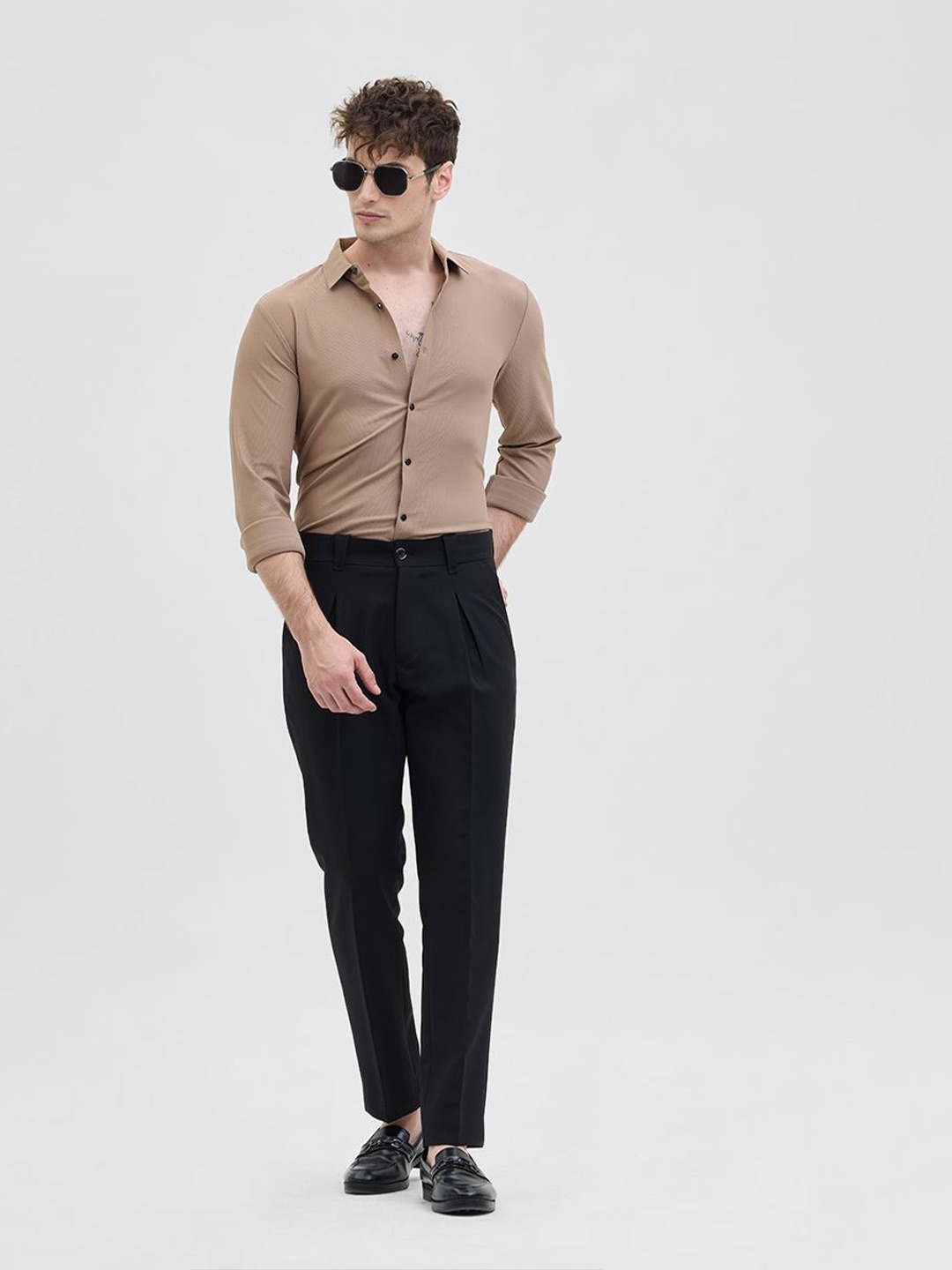 

Snitch Men Classic Slim Fit Spread Collar Solid Casual Shirt, Beige