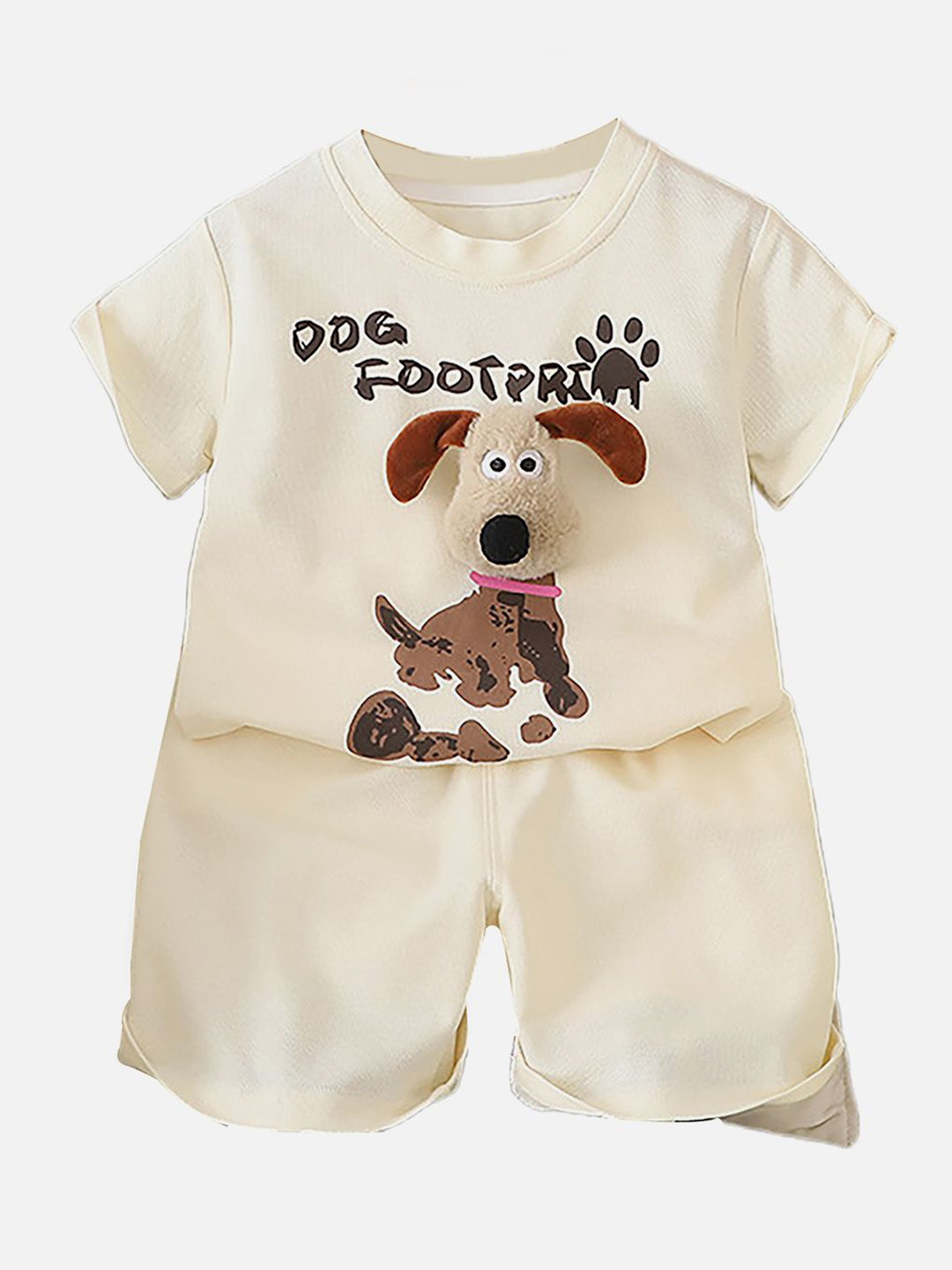 

Little Surprise Box LLP Kids Cream Doggy Paw Pure Cotton Shorts Set