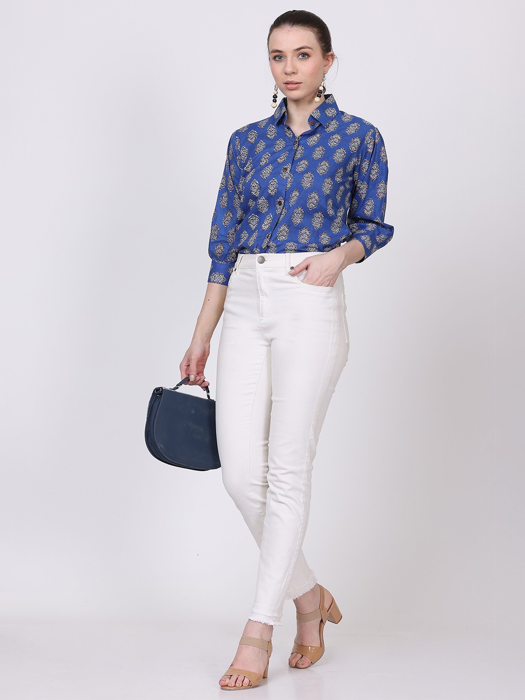 

Jivitha Women Cotton Block Print Shirt Style Cuffed Sleeves Longline Top, Blue