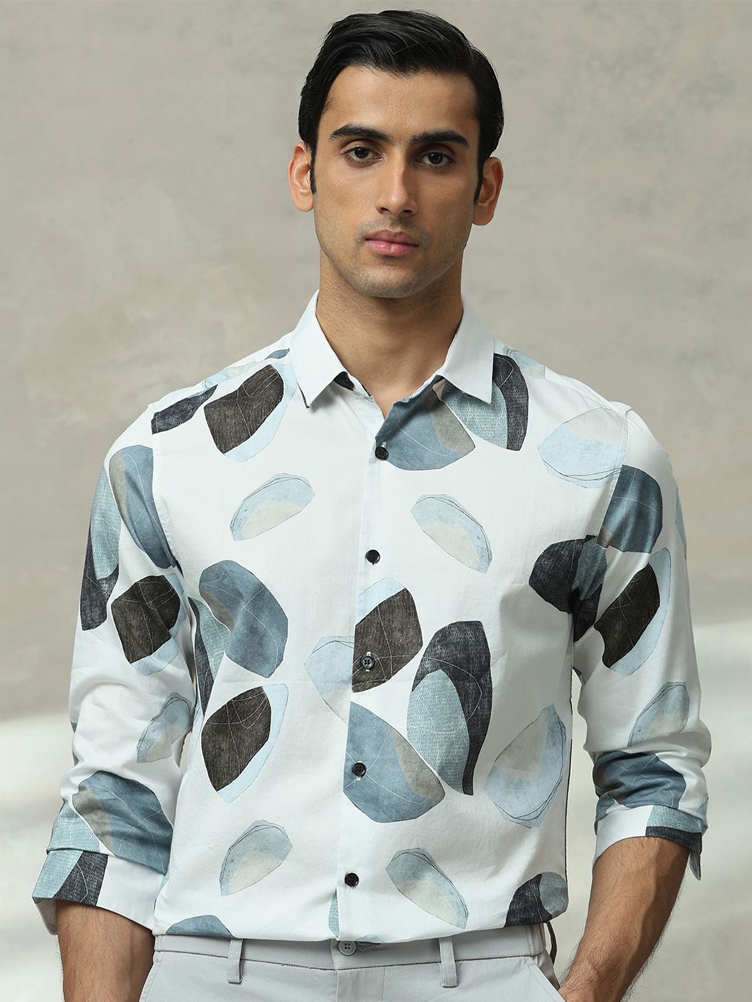

Mufti Men Slim Fit Spread Collar Abstract Printed Cotton Casual Shirt, White